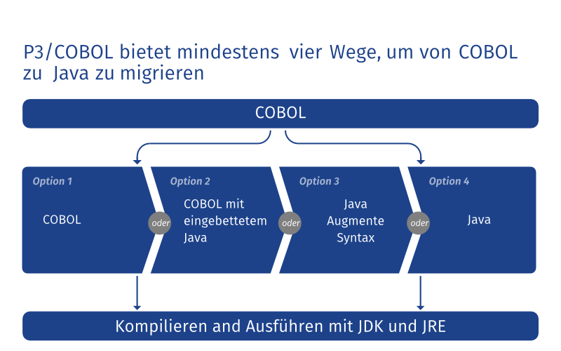 Schaubild vier Optionen COBOL nach Java Migration. COBOL Java Cross-Compiler.