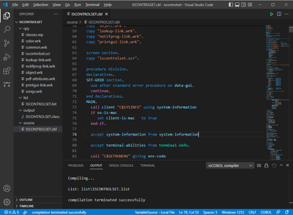 COBOL Source Code bearbeitet und in Visual Studio Code kompiliert